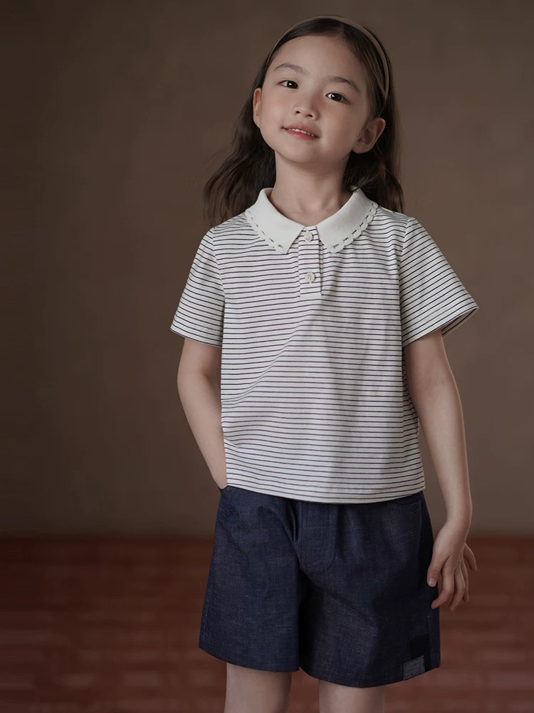 Áo len mỏng mùa hè cho trẻ em, áo thun ngắn tay cho bé gái, áo sơ mi POLO sọc cổ cánh hoa cho bé gái