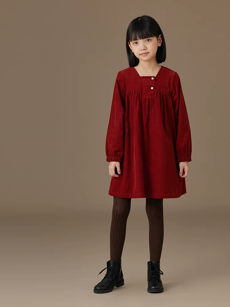 Váy dài tay chất liệu cotton mềm mại cho bé gái Hazi, váy nhung, quần áo mùa thu cho bé gái, kiểu mới 2024