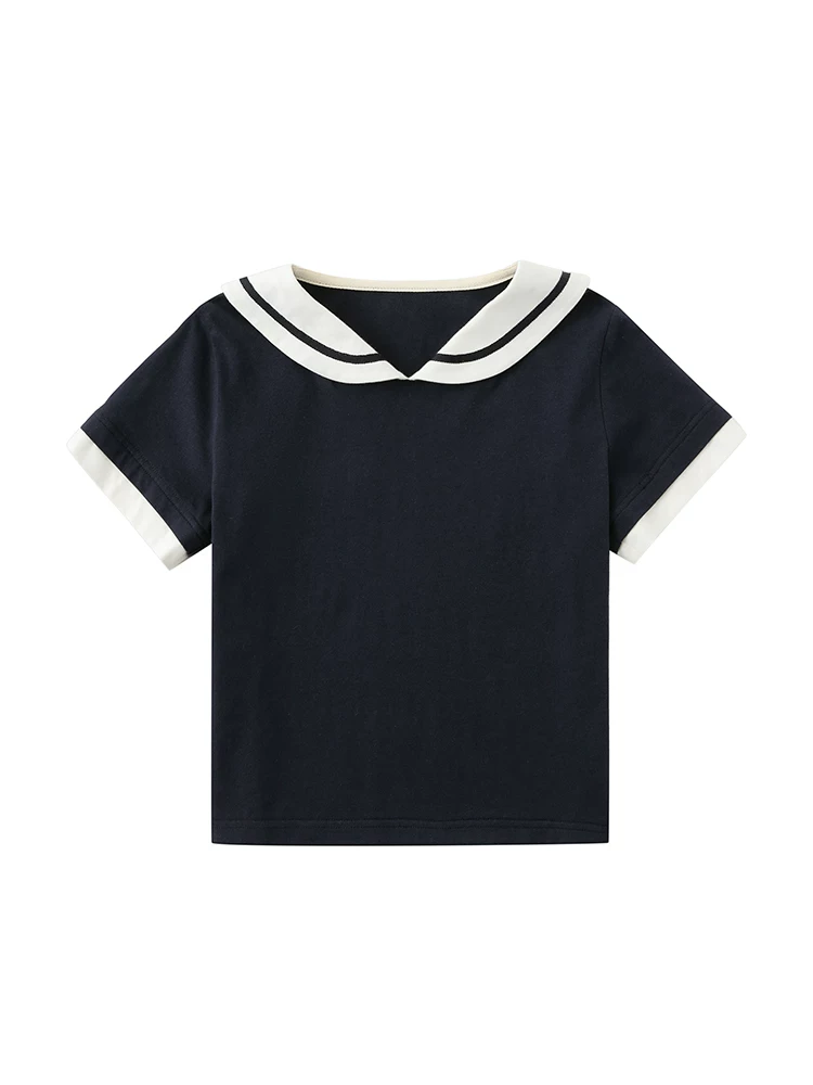 Quần áo trẻ em Hazi Bộ sưu tập mới Xuân/Hè dành cho bé gái Phong cách cha mẹ và con cái Áo thun cotton Nhật Bản dáng rộng cổ thủy thủ tay ngắn