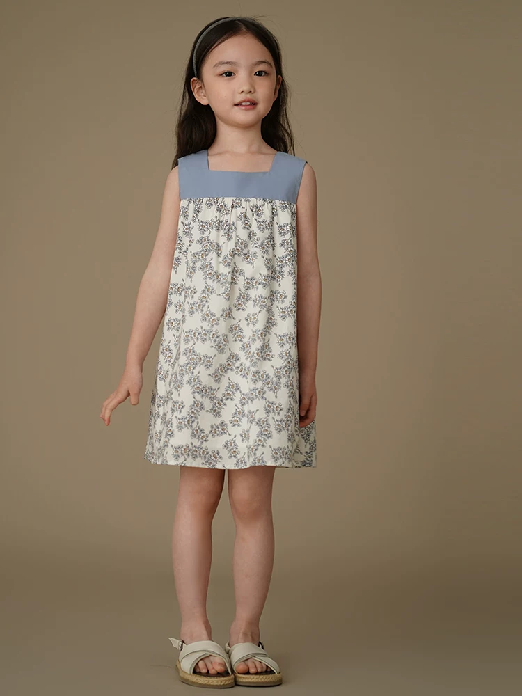 Quần áo trẻ em mùa hè váy trẻ em chất liệu cotton cổ vuông màu xanh váy liền thân họa tiết hoa váy dài cho bé gái