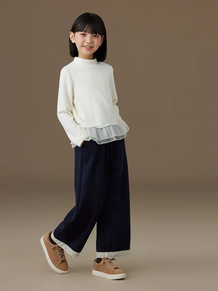 Quần áo trẻ em mùa thu đông quần dài thường ngày màu xanh hải quân quần ren thẳng đơn giản đa năng thời trang mùa đông cho bé gái