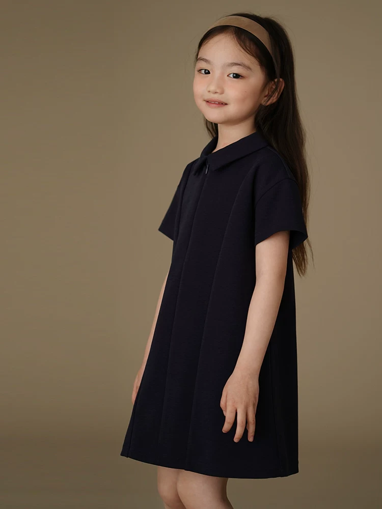 Váy ngắn tay mùa hè cho trẻ em, váy thể thao mát mẻ và thoáng khí, váy polo cho bé gái, phong cách học sinh màu xanh hải quân.