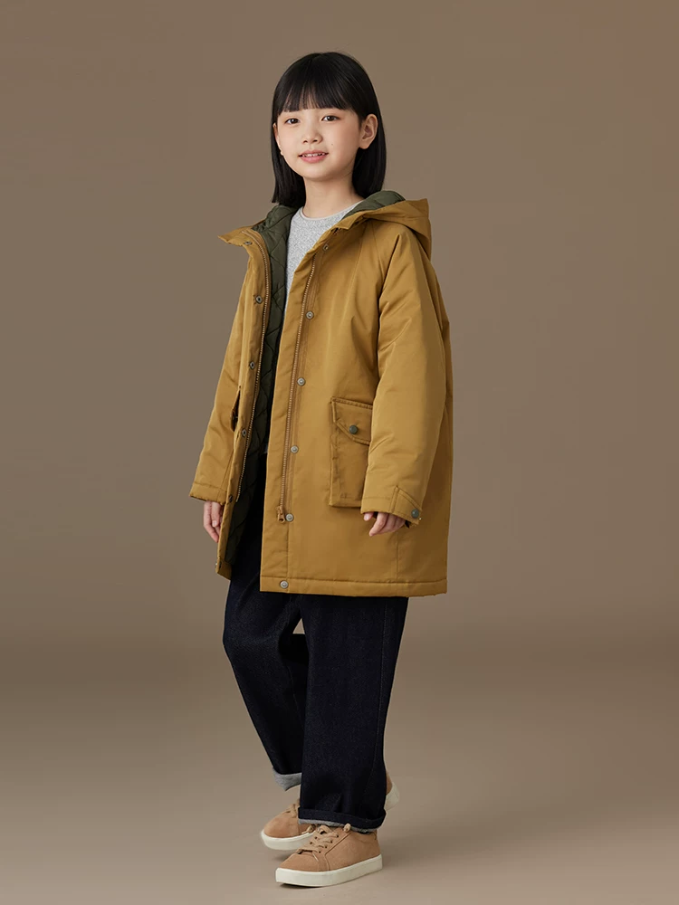Quần áo trẻ em áo khoác dày màu kaki bé trai và bé gái có mũ trùm đầu áo dáng rộng giản dị quần áo cotton trẻ em quần áo mùa đông phong cách mới