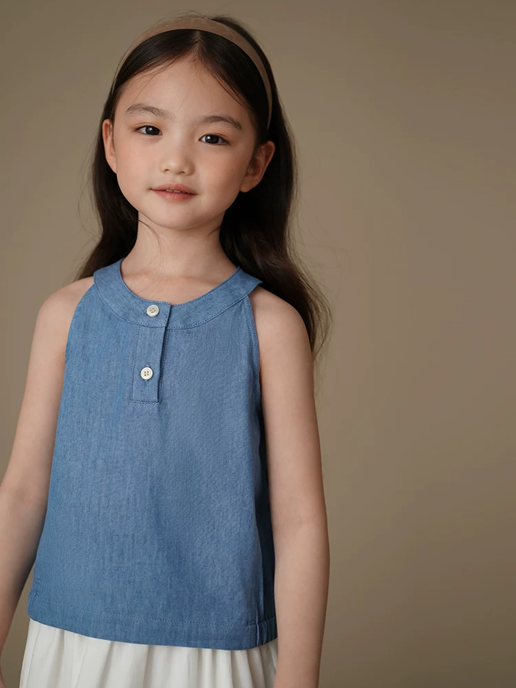 Quần áo trẻ em cho bé gái: áo vest không tay, quần dài đơn giản, đa năng, bộ denim cho trẻ em, kiểu dáng mỏng nhẹ mùa hè.