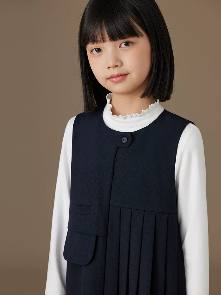 Quần áo trẻ em váy vest màu xanh hải quân, trang phục trang trọng đơn giản và tinh tế cho bé gái, trang phục mùa thu cho trẻ lớn.