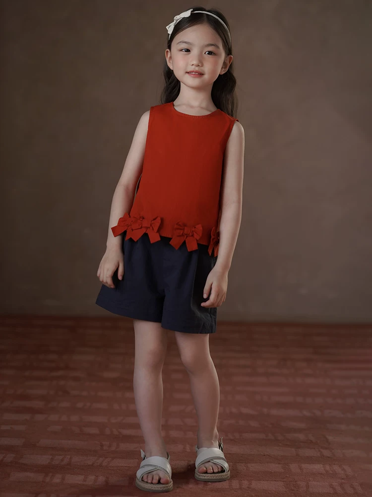 Áo thun không tay cho bé gái, chất liệu cotton mềm mại, màu đỏ, kiểu dáng dễ thương với nơ, thích hợp mặc mùa hè