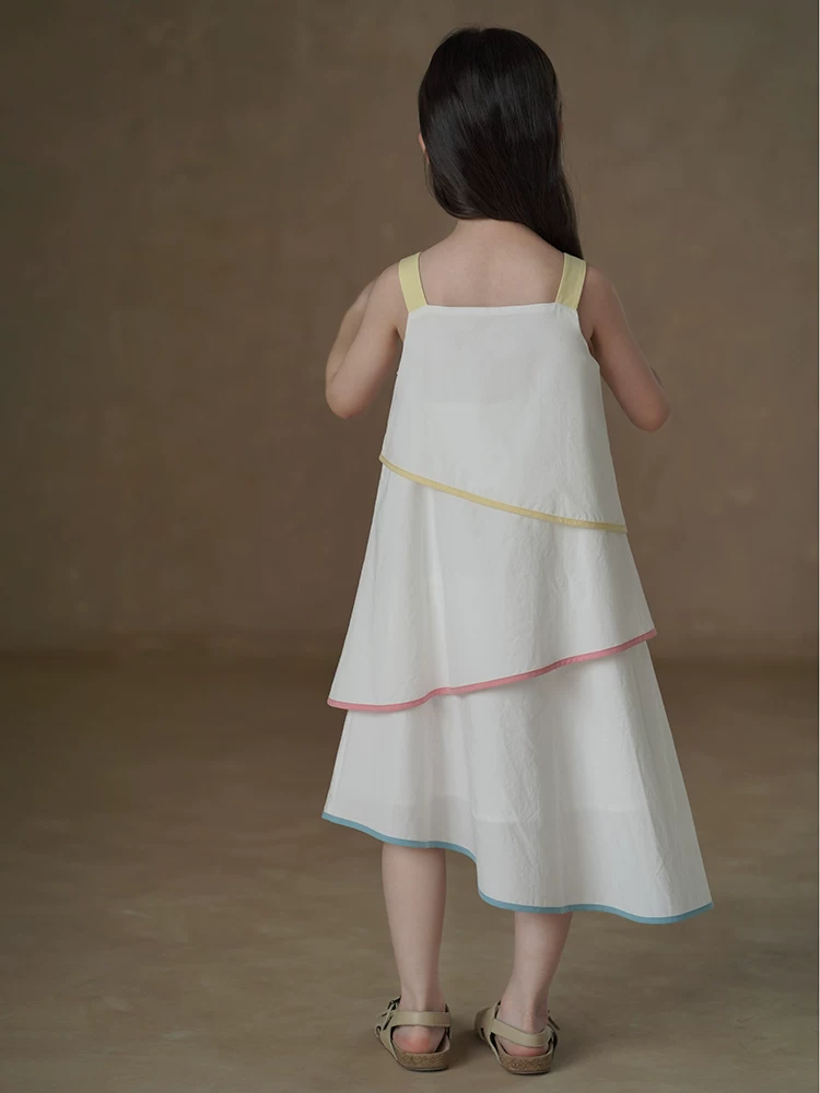 Quần áo trẻ em mùa hè, váy cotton thân thiện với làn da cho bé gái, váy dài có dây đeo cho bé gái, phong cách đi nghỉ.