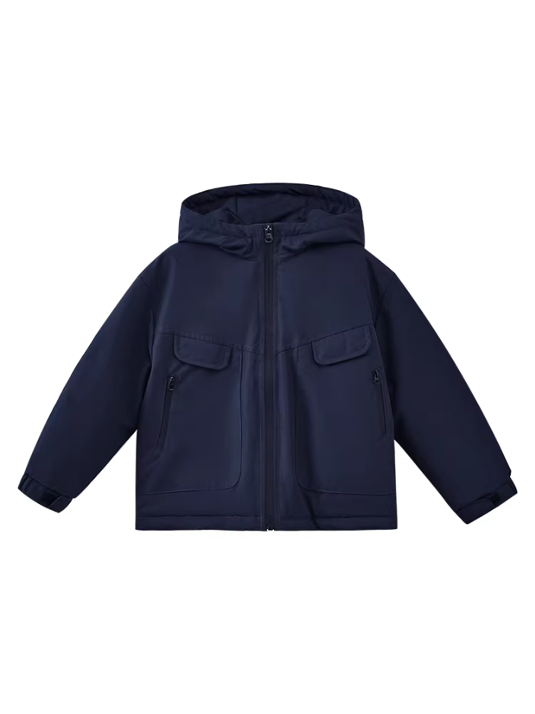 Quần áo trẻ em mùa thu đông áo khoác có mũ trùm đầu dáng rộng màu xanh hải quân hàng đầu bé trai và bé gái quần áo bảo hộ lao động áo khoác cotton ngoài trời ba lớp chống thấm