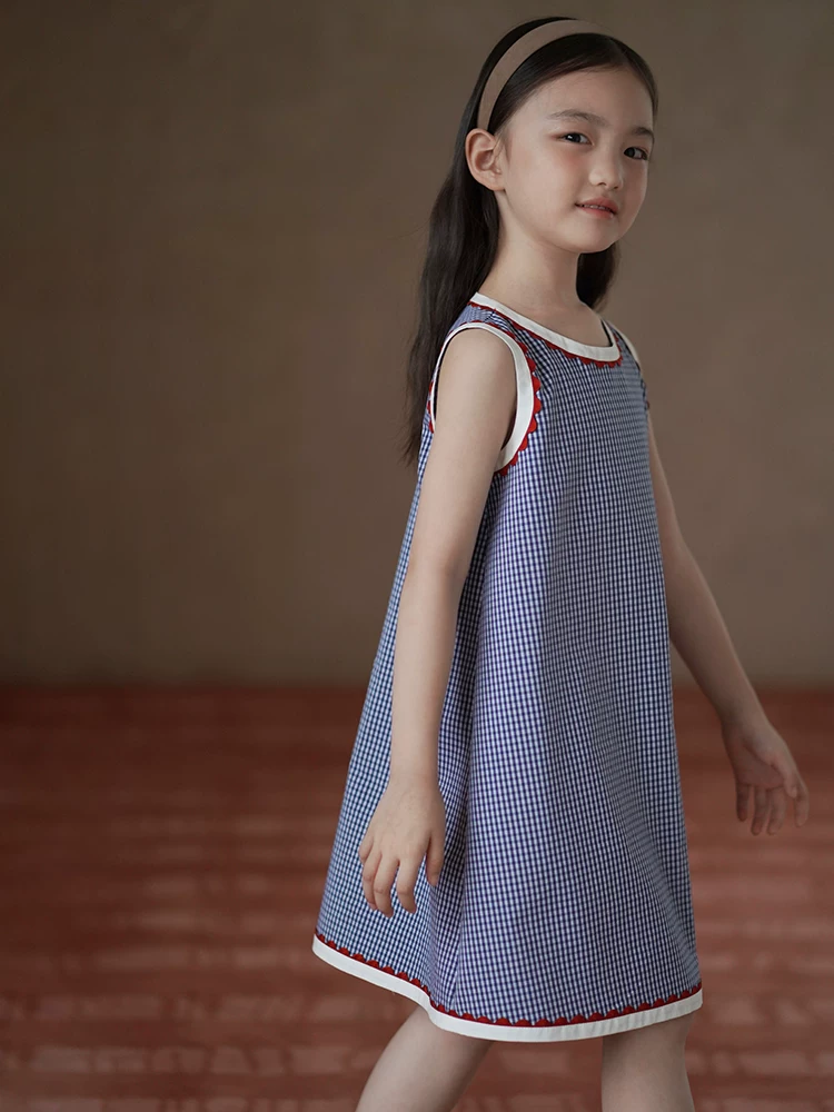 Váy liền thân bé gái mùa hè chất liệu cotton mỏng thoáng mát kiểu dáng cổ điển kẻ caro phối màu