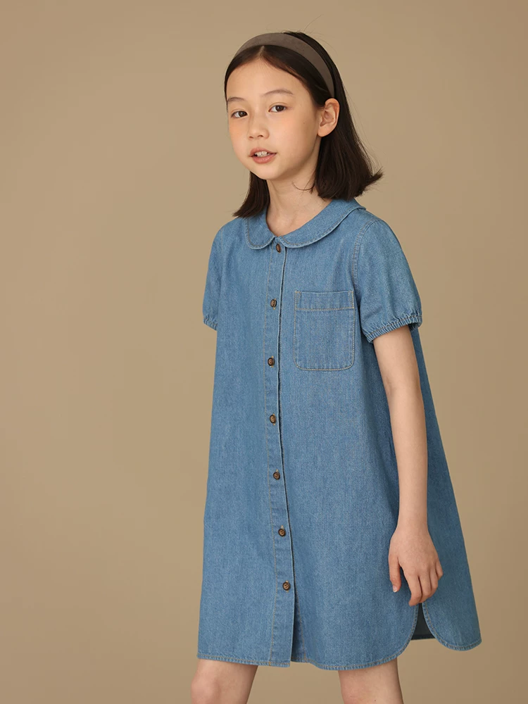 Quần áo trẻ em cho trẻ lớn, váy mùa hè cổ búp bê, váy denim ngắn tay thường ngày cho bé gái, chất liệu cao cấp.