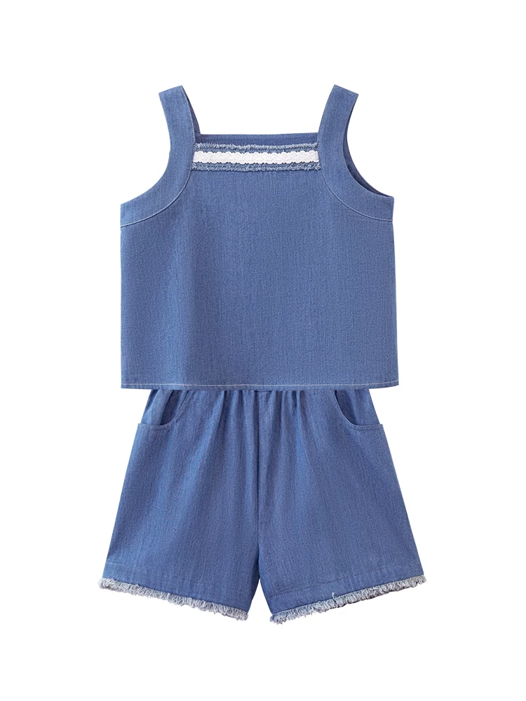 Bộ quần áo trẻ em: áo camisole cotton thân thiện với da và quần short denim cho bé gái, trang phục mùa hè cho trẻ lớn, quần áo mùa hè mỏng nhẹ.