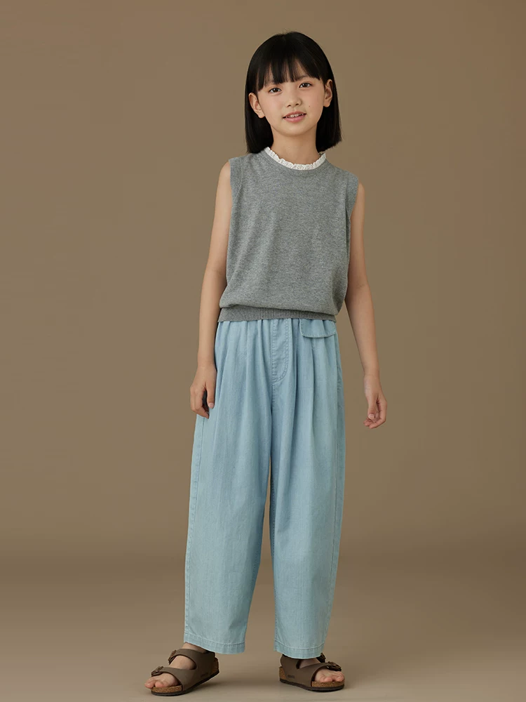 Quần áo trẻ em áo vest màu xám cổ ren kiểu Pháp đa năng bằng vải cotton dệt kim dành cho bé gái phong cách mùa hè mỏng nhẹ