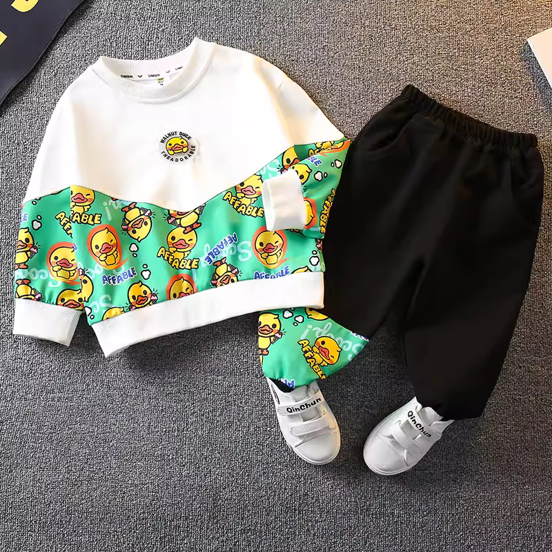 Bộ đồ bé trai Little Yellow Duck 2025, kiểu dáng thời trang mới, trang phục xuân thu cho bé, phong cách Hàn Quốc, quần áo đường phố trẻ em hợp xu hướng