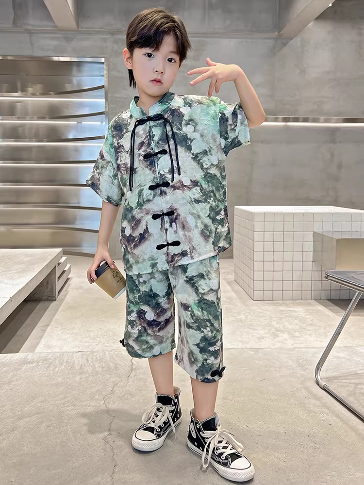 Bộ trang phục Hanfu mùa hè cho bé trai, bộ quần áo mùa hè kiểu mới 2025, trang phục truyền thống Trung Hoa cho trẻ em, quần áo thời trang ngắn tay cho bé trai đẹp trai