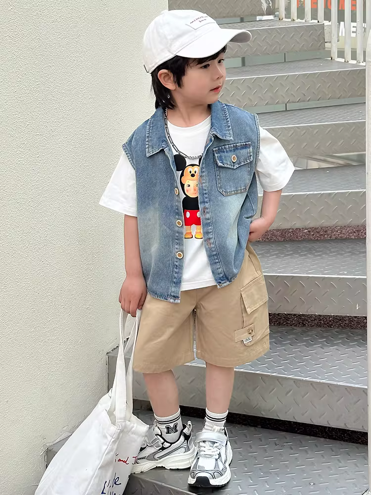 Áo khoác vest denim bé trai mùa hè 2025 kiểu dáng mới mỏng nhẹ thời trang áo khoác ngoài trẻ em phong cách Hàn Quốc
