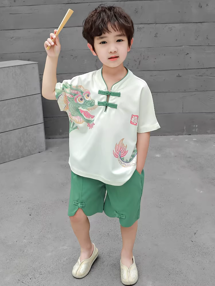 Bộ vest ngắn tay mùa hè cho bé trai kiểu mới 2025, phong cách Trung Hoa cổ điển, trang phục trẻ em, quần áo bé trai đẹp trai, phong cách cổ xưa