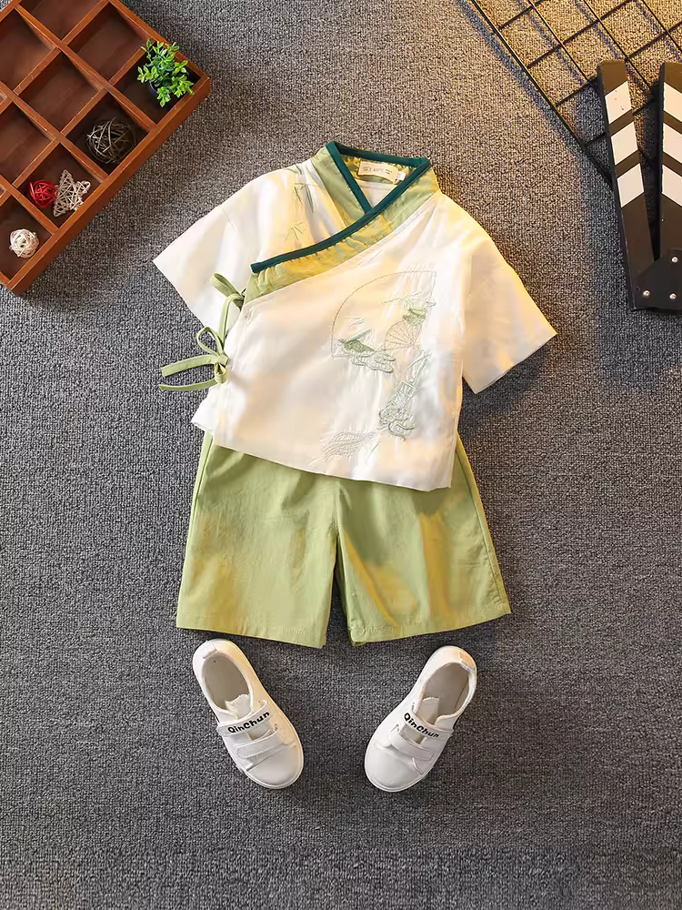 Quần áo mùa hè cho bé trai Hanfu Trang phục sinh nhật đầu tiên theo phong cách Trung Hoa Trang phục truyền thống cho bé Bộ đồ bằng vải cotton và vải lanh Bộ đồ trẻ em Tang Suit Trang phục biểu diễn Ngày thiếu nhi