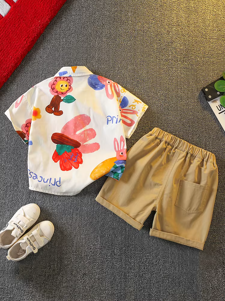 Bộ quần áo hè bé trai 2025 mới, phong cách Hàn Quốc, thời trang đường phố, áo thun ngắn tay cá tính