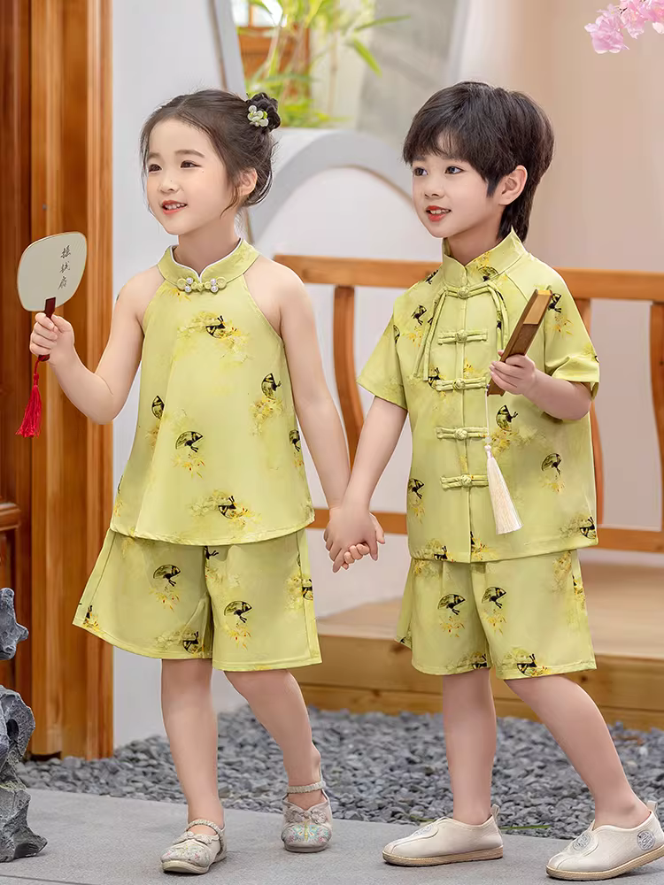 Trang phục mùa hè Hanfu cho bé trai, bộ đồ kiểu Trung Hoa cho bé gái, mẫu mới 2025, trang phục dân tộc kiểu Đường cho trẻ em, trang phục biểu diễn phong cách cổ xưa cho bé