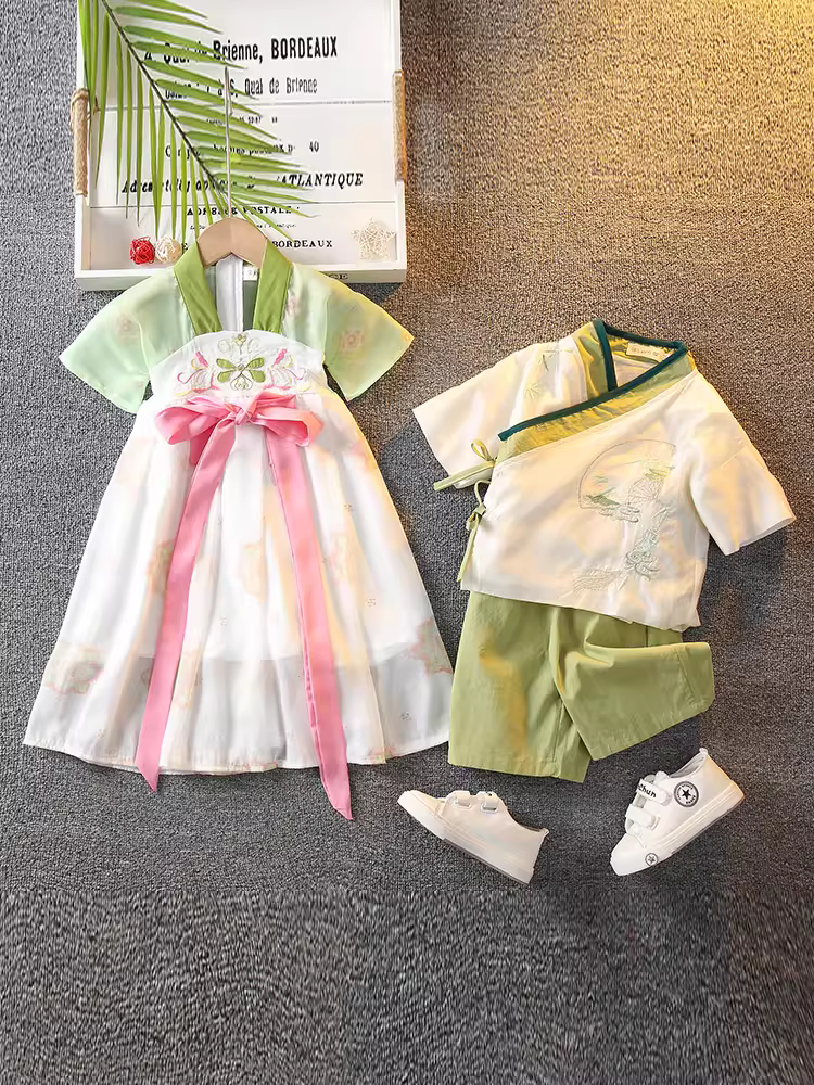 Bộ đồ ngắn tay mùa hè của bé trai Hanfu Bộ đồ ngắn tay phong cách Trung Hoa dành cho bé gái Bộ đồ cotton và vải lanh dành cho trẻ em Trang phục biểu diễn Ngày Trẻ em