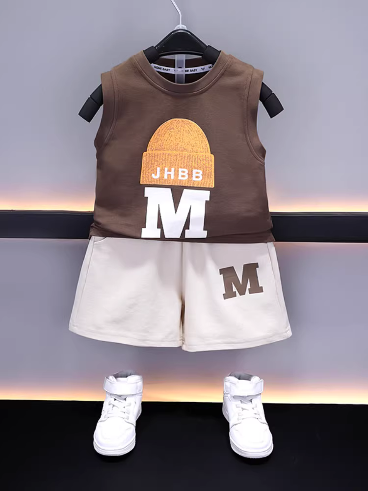 Bộ vest hè bé trai 2025 chất liệu cotton nguyên chất, quần áo hè không tay cho bé trai