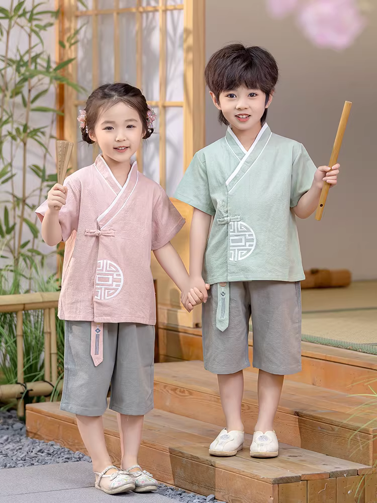 Bộ quần áo ngắn tay mùa xuân hè Hanfu dành cho bé gái Bộ quần áo biểu diễn ngày lễ hội của trẻ mẫu giáo Trang phục mùa hè phong cách Trung Hoa dành cho bé trai