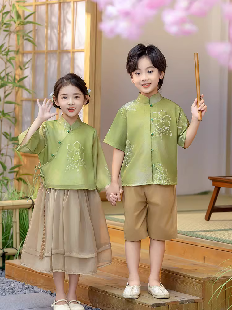 Trang phục kiểu Trung Quốc cho trẻ em, trang phục Tang cho bé trai, Hanfu cho bé gái, trang phục truyền thống Trung Quốc mùa hè, trang phục biểu diễn màu xanh lá cây