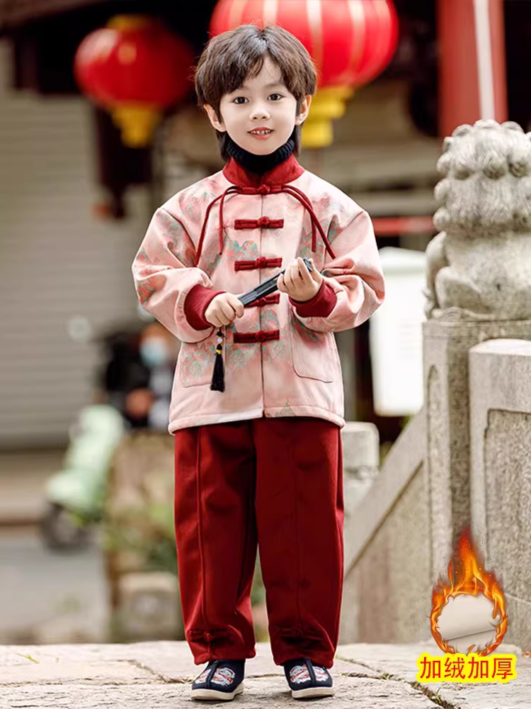 Trang phục Tết cho bé trai, bộ đồ Tang cho trẻ em, bộ Hanfu cho bé, Năm Rồng, phong cách Trung Hoa, mẫu mới, màu đỏ Tết có lớp lót lông cừu