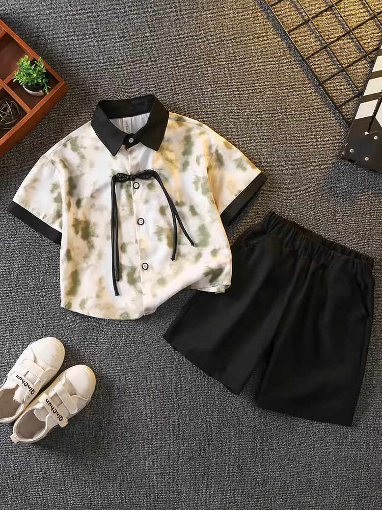 Bộ trang phục mùa hè kiểu Trung Hoa cho bé trai Hanfu, mẫu mới 2025, phong cách Trung Hoa mới, quần áo ngắn tay, quần đùi trẻ em, đồ Tang phục cho bé