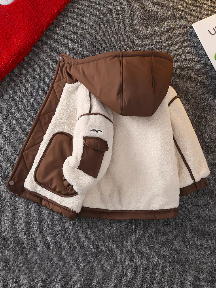 Áo khoác mùa đông cho trẻ em có đệm bông, áo len lông cừu dày, kiểu dáng mùa đông cho bé trai, quần áo trẻ em có mũ trùm đầu ấm áp và thời trang, hợp thời trang và sành điệu.
