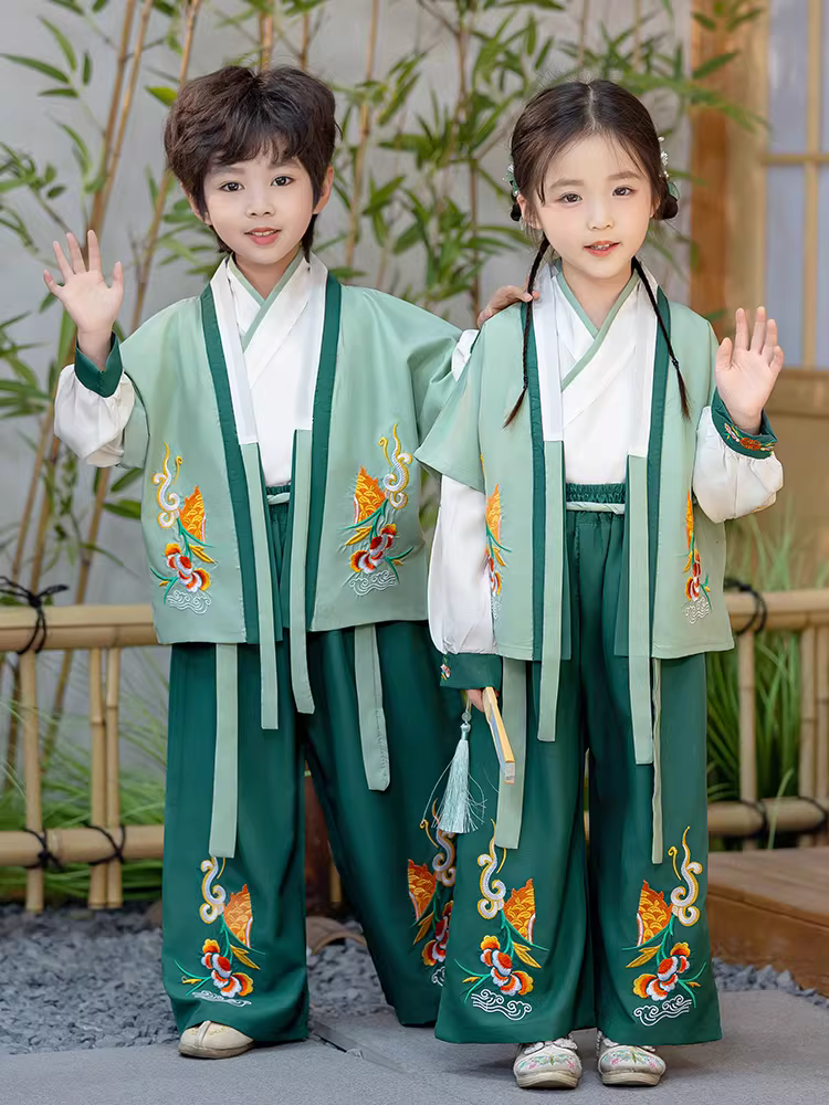 Bộ ba món mùa xuân thu của bé trai Hanfu Bộ đồ ba món phong cách Trung Hoa phong cách nhà Đường dành cho bé gái phong cách cổ xưa siêu cổ tích Trang phục biểu diễn truyền thống ngày Tết Trung thu dành cho trẻ em