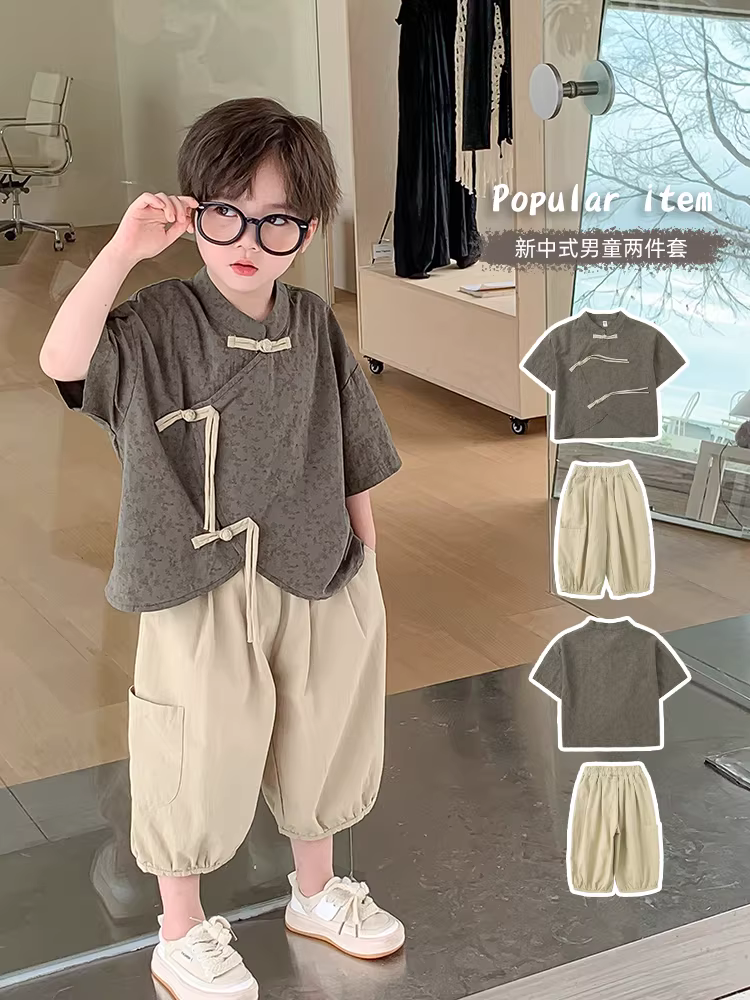 Hanfu dành cho bé trai Mùa hè 2025 Phong cách truyền thống Trung Quốc phong cách cao cấp Trang phục mùa hè theo phong cách Trung Quốc cải tiến Bộ quần áo trẻ em mẫu giáo Hợp thời trang