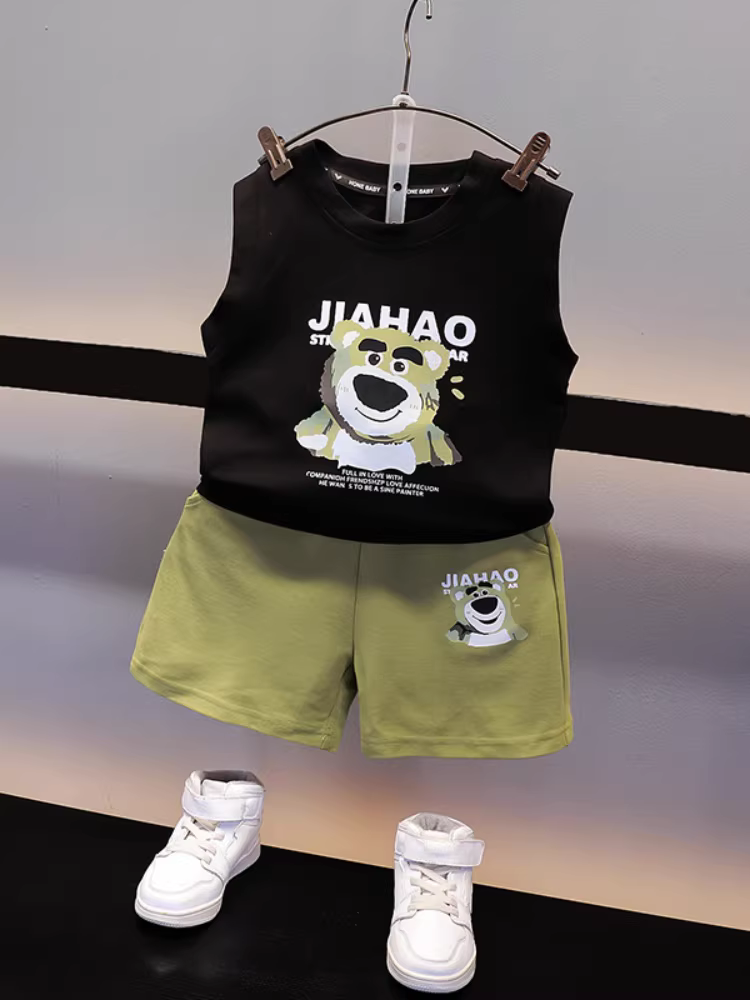 Bộ trang phục mùa hè cho bé trai 2025, kiểu dáng mới thời thượng, quần áo mỏng không tay, áo gile mát mẻ cho trẻ nhỏ, thời trang mùa hè