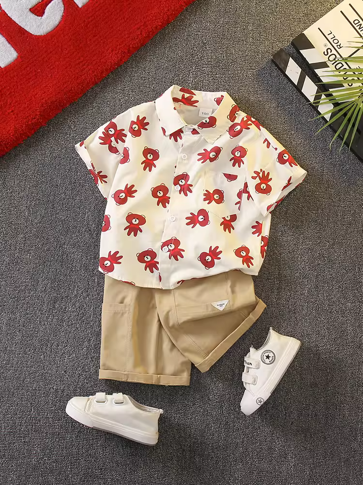 Bộ áo sơ mi bé trai 2025 kiểu Hàn Quốc mới, áo trẻ em mùa hè mỏng mát, bộ hai mảnh tay ngắn thời trang