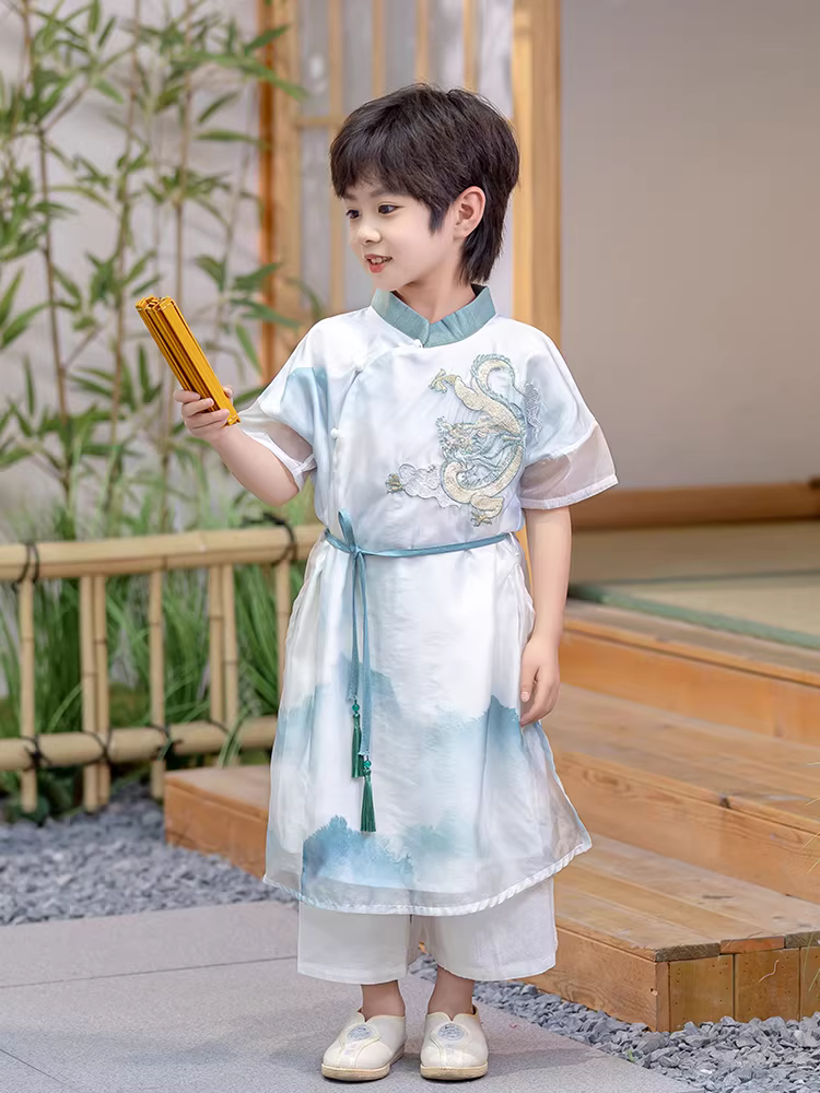 Hanfu cho bé trai, trang phục nhà Đường cho trẻ em, kiểu mới 2025, phong cách truyền thống Trung Hoa, thêu tinh xảo, kiểu dáng dài, trang phục biểu diễn ngày 1 tháng 6.