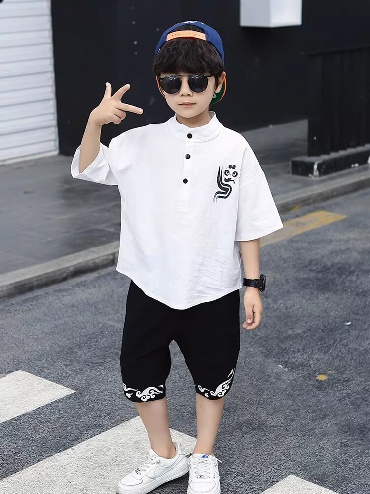Trang phục mùa hè cho bé trai 2025 kiểu mới, phong cách Trung Hoa, Hanfu, chất liệu cotton và linen, thời trang, lịch lãm.