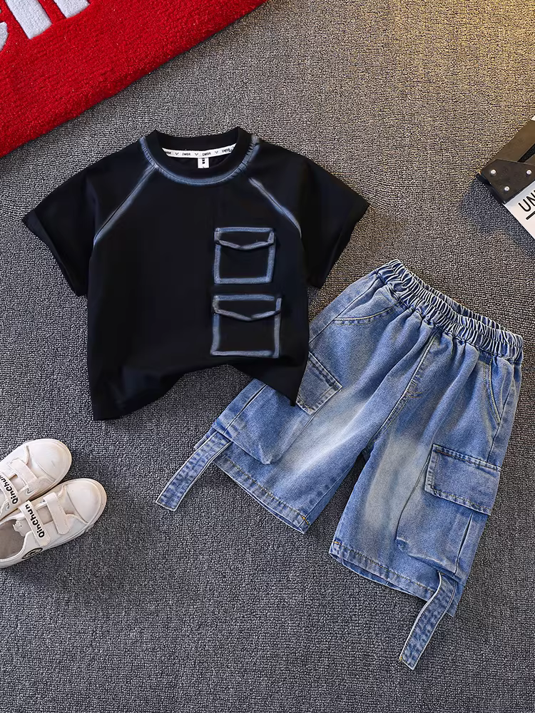 Bộ trang phục mùa hè cho bé trai, bộ vest phong cách Hàn Quốc thời thượng, bộ hai mảnh mỏng nhẹ và lịch lãm dành cho trẻ em mùa hè 2025.