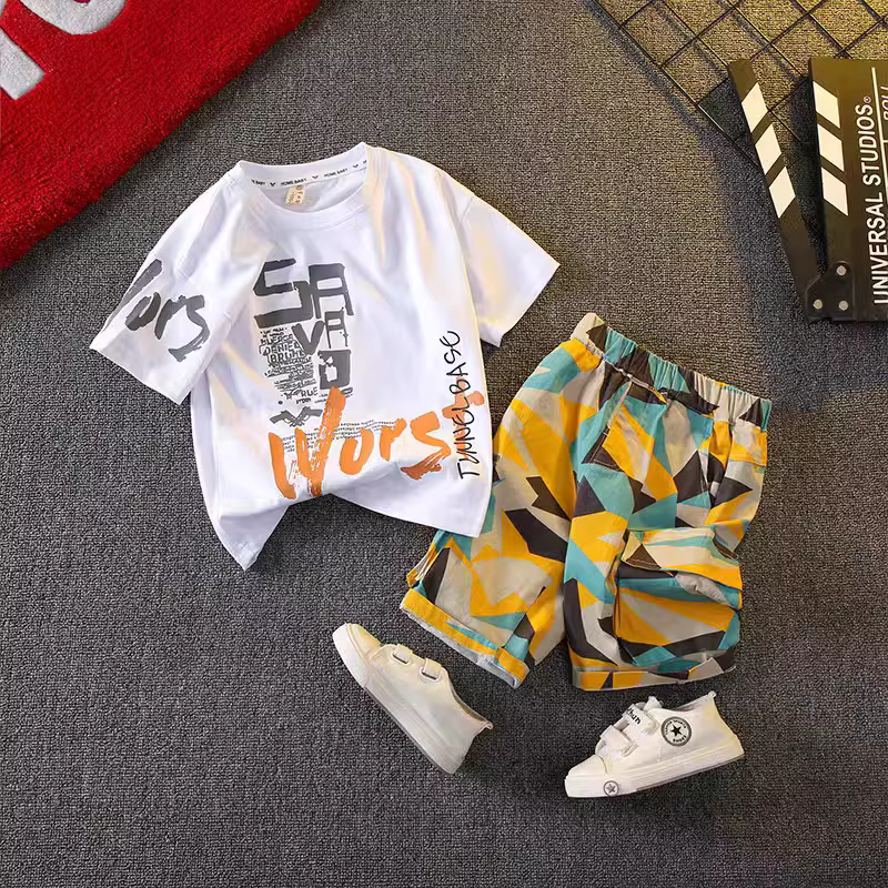 Bộ vest thời trang cho bé trai, quần áo mùa hè sành điệu, quần áo mùa hè mới cho bé năm 2024, bộ hai mảnh ngắn tay mùa hè cho trẻ em