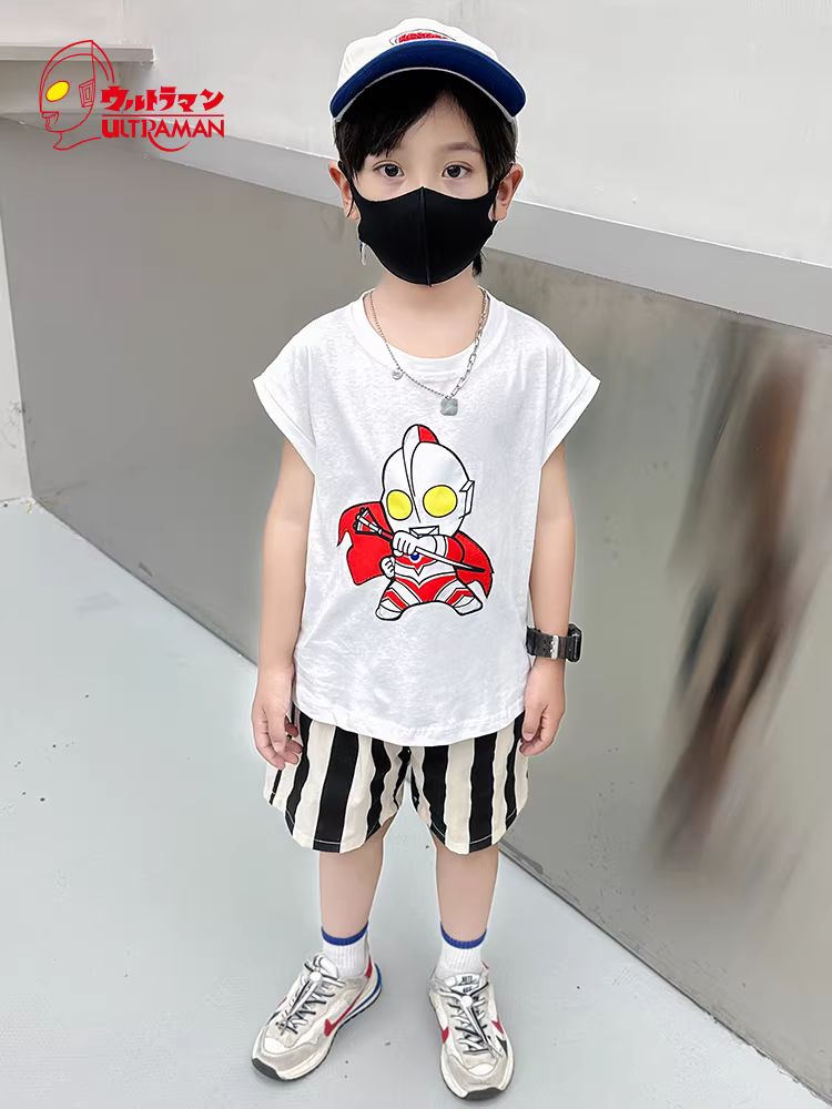 Bộ đồ hè ngắn tay cho bé trai năm 2025, kiểu đường phố Ultraman, chất liệu mỏng, thời trang