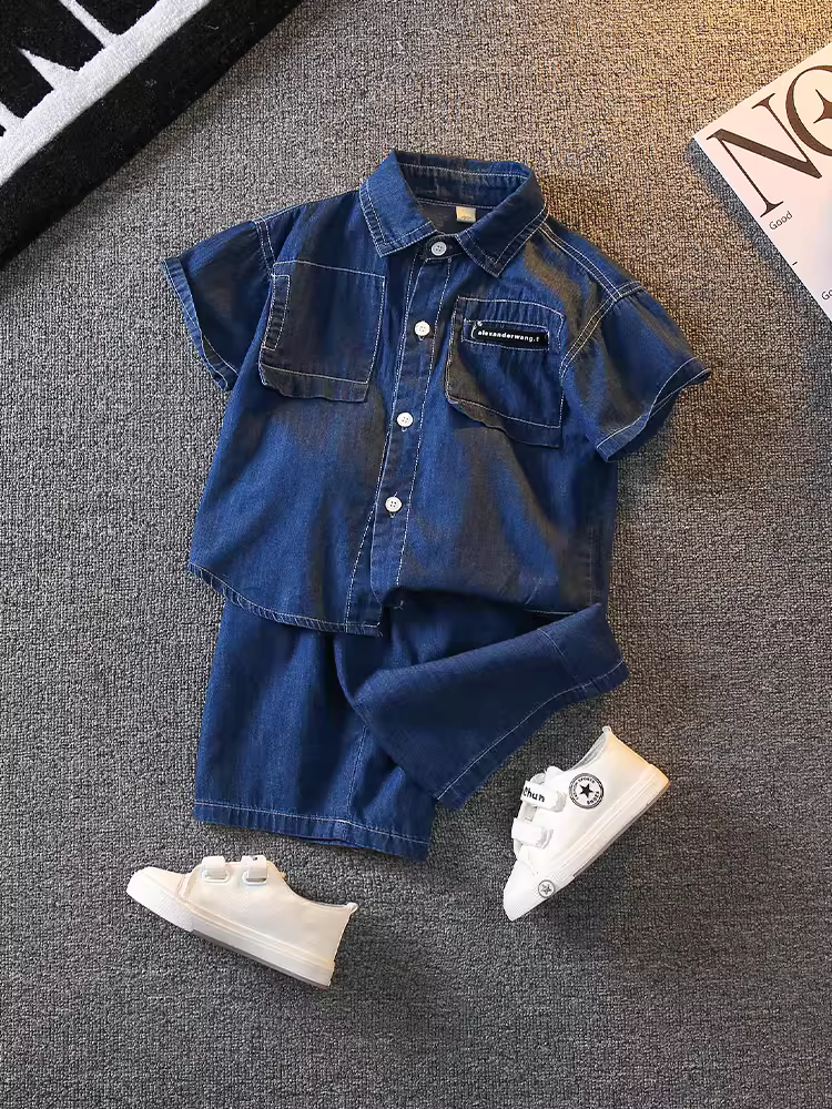 Bộ trang phục denim ngầu cho bé trai 25 mẫu quần áo mùa hè thời thượng mới dành cho bé trai và trẻ em, quần áo ngắn tay kiểu hot trên mạng