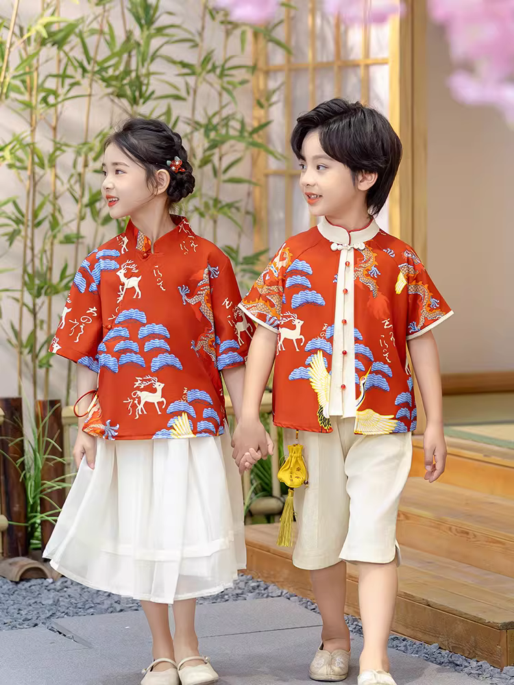 Hanfu dành cho trẻ em nhân Ngày thiếu nhi, trang phục nhà Đường kiểu Trung Hoa cho bé trai, đồng phục hợp xướng cho bé gái, đồng phục lớp học tiểu học, trang phục biểu diễn mẫu giáo mùa hè