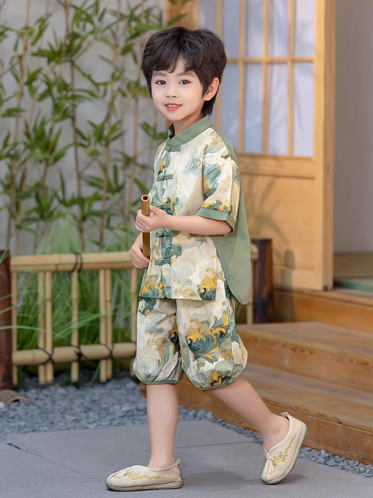 Bộ đồ Hanfu kiểu Trung Quốc mới cho bé trai, bộ đồ mùa hè kiểu Đường, chất liệu mỏng, tay ngắn, kiểu Trung Quốc, mẫu mới 2025