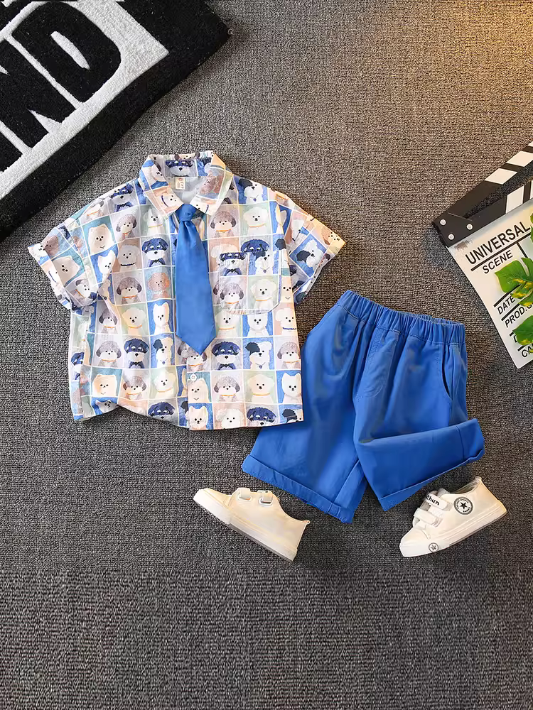 Bộ trang phục hè cho bé trai 2025 mới, kiểu dáng thời trang và đẹp trai, bộ hai mảnh mùa hè chất liệu cotton nguyên chất, tay ngắn, thời trang cho bé trai.
