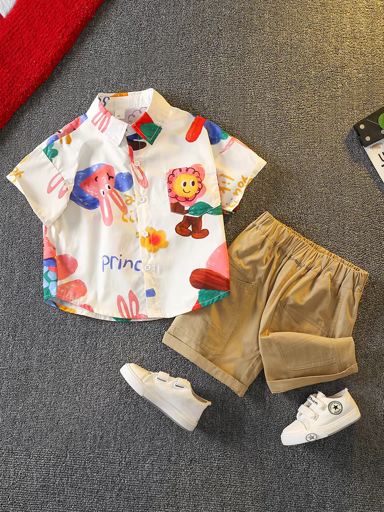 Bộ quần áo hè bé trai 2025 mới, phong cách Hàn Quốc, thời trang đường phố, áo thun ngắn tay cá tính