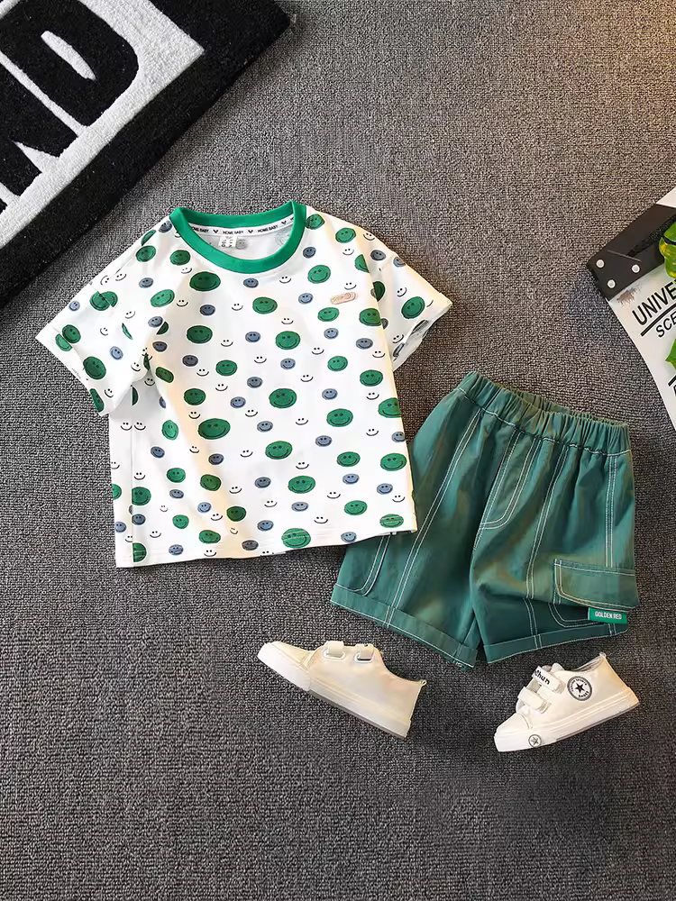 Bộ đồ hè bé trai 2025 kiểu mới thời trang, quần áo ngắn tay trẻ em, bộ hai mảnh hot trend mạng xã hội