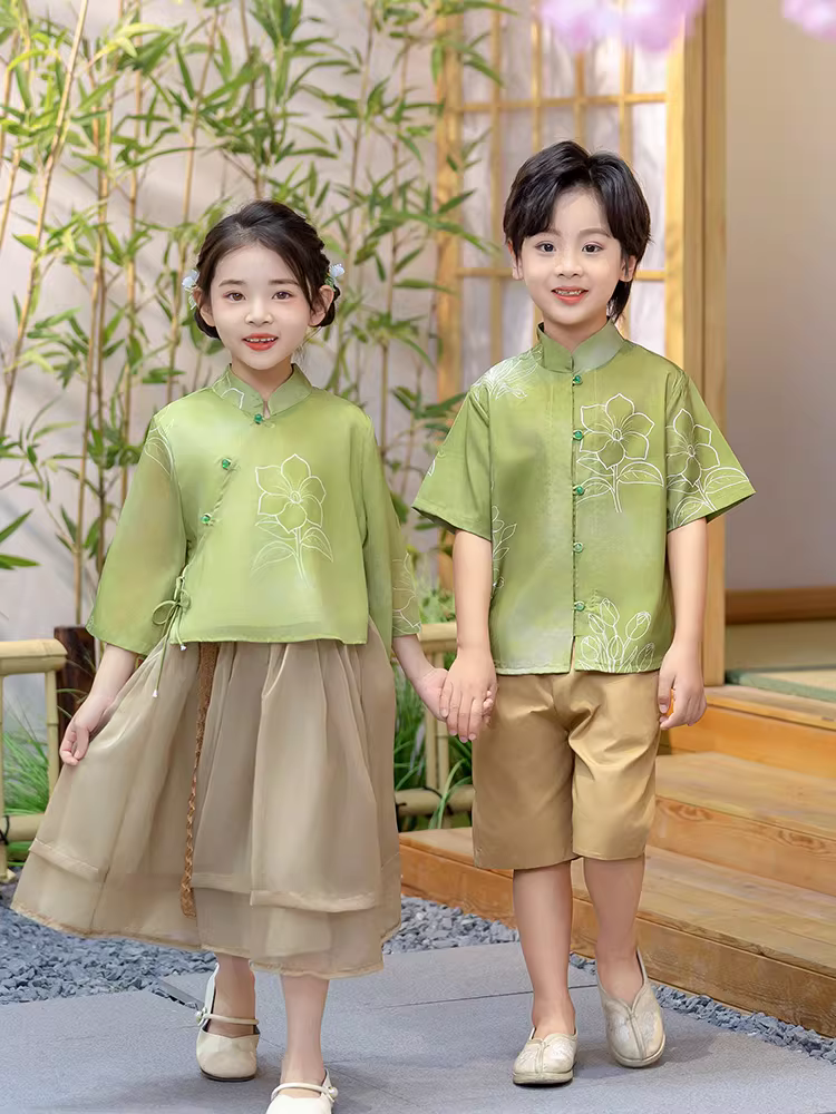 Trang phục kiểu Trung Quốc cho trẻ em, trang phục Tang cho bé trai, Hanfu cho bé gái, trang phục truyền thống Trung Quốc mùa hè, trang phục biểu diễn màu xanh lá cây