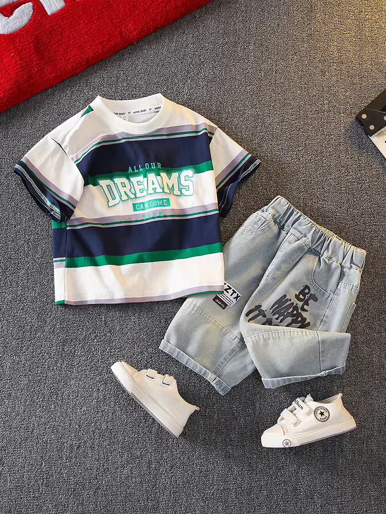 Trang phục mùa hè ngắn tay mỏng mát thời trang đường phố dành cho bé trai lớn tuổi năm 2025