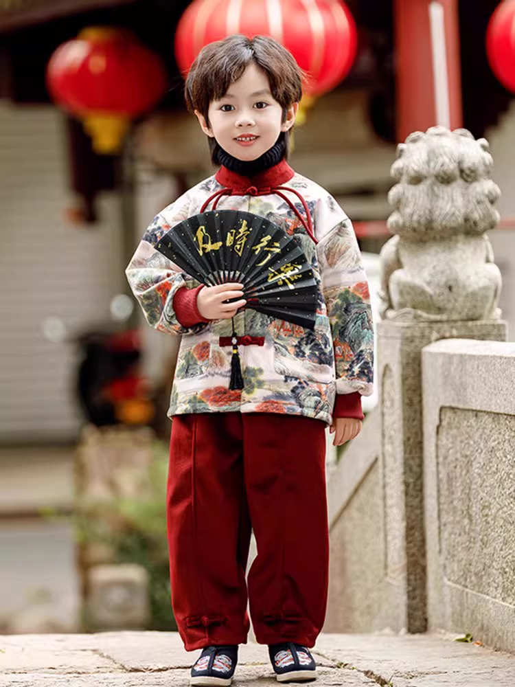 Trang phục Tết cho bé trai, bộ đồ Tang cho trẻ em, bộ Hanfu cho bé, Năm Rồng, phong cách Trung Hoa, mẫu mới, màu đỏ Tết có lớp lót lông cừu