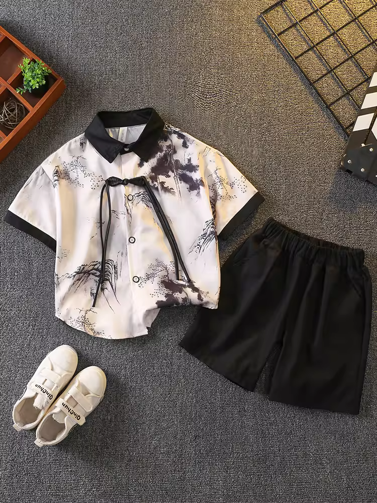 Quần áo mùa hè ngắn tay kiểu Hanfu của Trung Quốc dành cho bé trai, trang phục nhà Đường mới của Trung Quốc, trang phục cổ xưa của trẻ em, trang phục biểu diễn văn hóa truyền thống Trung Quốc, trang phục biểu diễn theo phong cách dân tộc.