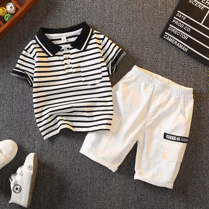 Bộ đồ hè bé trai 2025 kiểu mới thời thượng, áo polo trẻ em hot trend mạng xã hội, bộ hai mảnh ngắn tay thời trang cho bé